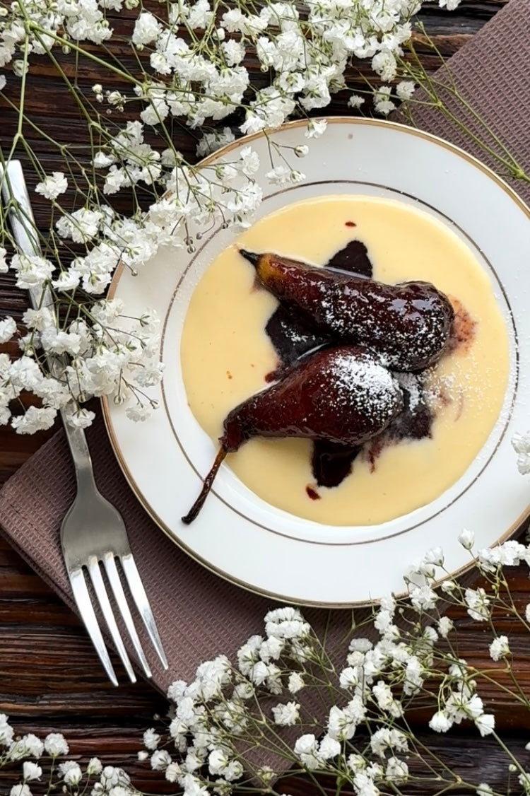 Black elderberry poached pears with custard
